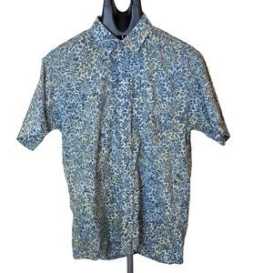 Pete Huntington Shirt Mens Medium Short Sleeve Blue White And Yellow Leaf Design